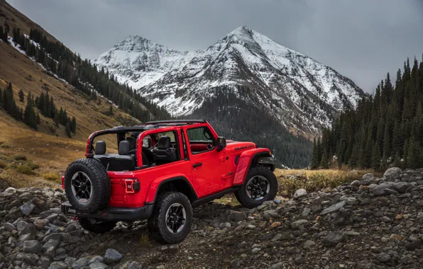 Picture snow, red, stones, the slopes, tops, 2018, Jeep, Wrangler Rubicon