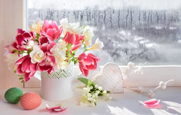 Picture flowers, eggs, spring, colorful, Easter, tulips, happy, pink, flowers, tulips, window, spring, Easter, eggs, decoration