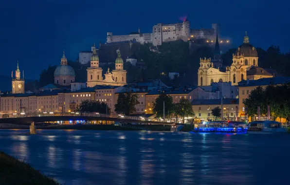 Picture night, the city, river, mountain, Austria, lighting, Church, temple, fortress, Salzburg, The Salzach, Hohensalzburg, Festung