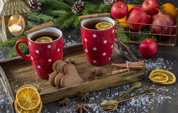 Picture snow, decoration, apples, New Year, Christmas, Christmas, snow, cup, New Year, tea, cookies, apples, decoration, …