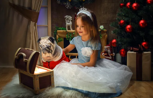 Picture animal, holiday, new year, dog, girl, gifts, tree, chest, child, dog, George Bondarenko