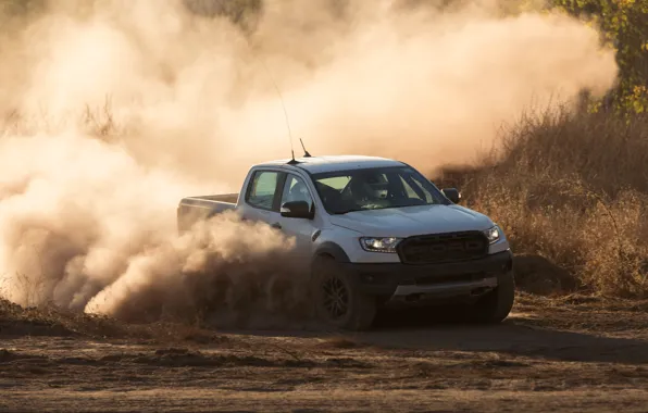 Picture white, Ford, dust, turn, Raptor, pickup, 2018, Ranger