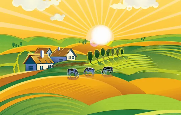Picture the sun, hills, cows, meadows, farm