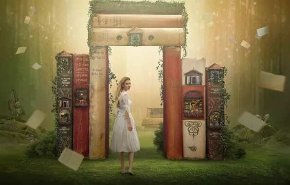 Picture girl, books, tale, the portal, fantasy, entrance, Tracy Lundgren