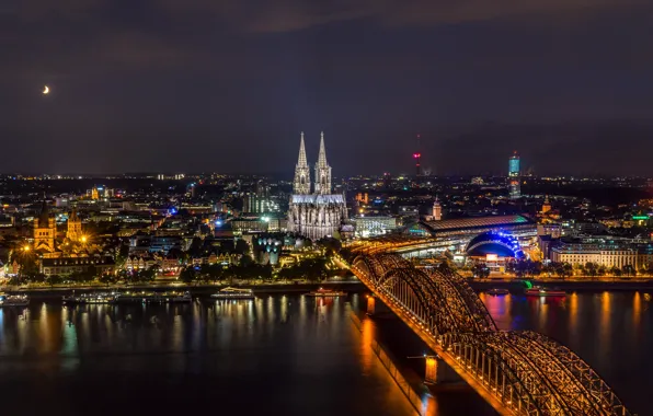 Picture the sky, night, bridge, lights, river, the moon, building, home, Germany, lights, Cologne