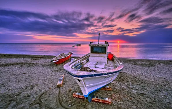 Picture sea, sunset, shore, boats