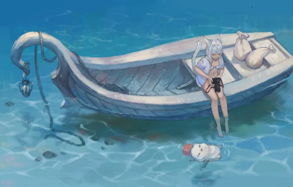 Picture Girl, Lake, Boat, Cat, Neko