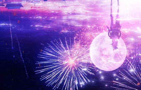 Picture the sky, water, girl, night, reflection, the moon, fireworks, Genshin Impact, Yoimiya, by JW