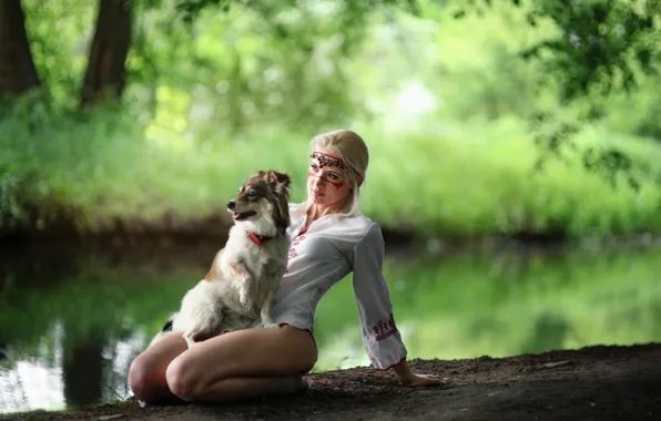 Picture girl, nature, pond, dog, legs, river, sitting