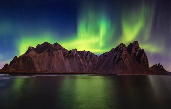 Picture mountains, lake, Northern lights, the evening, Timothy Poulton