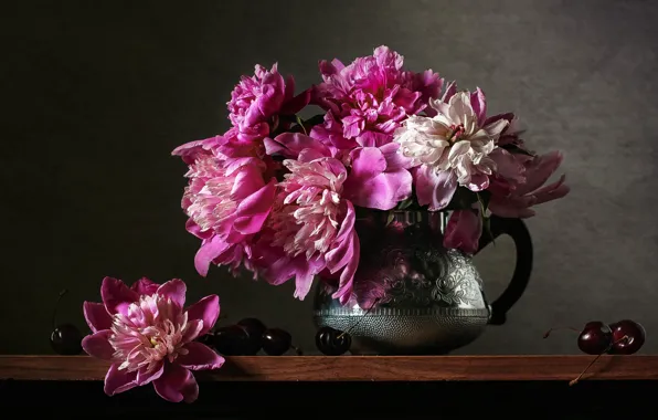Picture flowers, berries, pitcher, cherry, peonies
