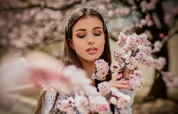 Picture girl, nature, branch, spring, makeup, brunette, flowering, Anastasia Donskaya