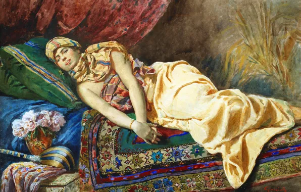 Picture Girl, Picture, Lies, Watercolor, Carpet, Наложница лежащая на узорчатом ковре, Antonio Gargiullo, Антонио Гарджулло, Итальянский …