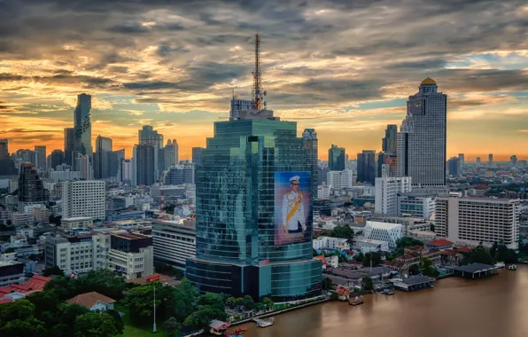 Picture the city, river, building, portrait, morning, Thailand, Thailand, Bangkok