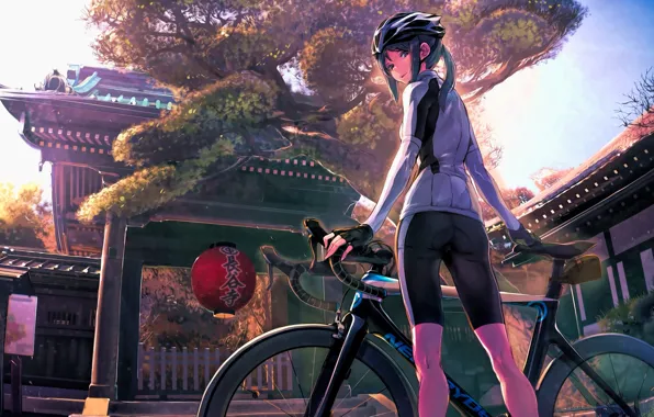 Picture bike, street, Japan, lantern, temple, helmet, schoolgirl, sports wear, mitts, sideways, Minami Kamakura Koukou Joshi …