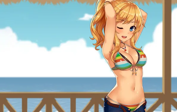 Picture girl, sexy, cleavage, beach, shorts, long hair, sea, boobs, anime, beautiful, pretty, erotic, blonde, breasts, …