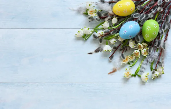 Picture flowers, eggs, colorful, Easter, happy, wood, Verba, flowers, Easter, eggs, decoration