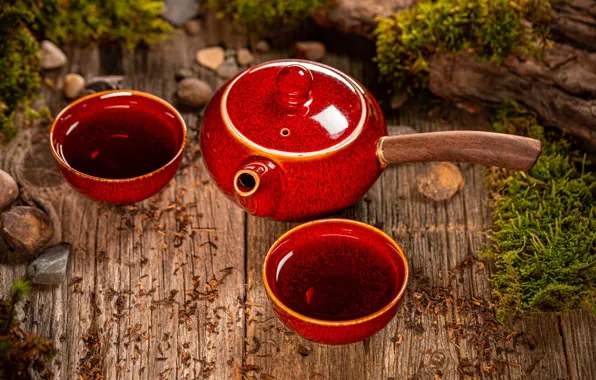 Picture red, tea, Board, moss, kettle, the tea party, Cup, log, welding, tea ceremony, ceramics, Asian …