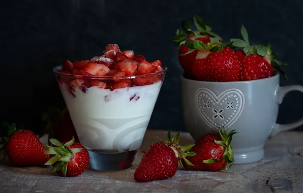 Picture berries, table, food, strawberry, mug, sugar, still life, dessert, composition, Victoria, bowl