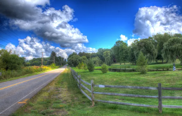 Picture road, summer, the sky, clouds, trees, fence, summer, road, sky, trees, clouds, fence, beautiful landscape, …