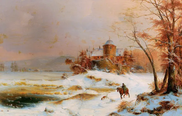Picture Winter, Horse, Dog, Trees, Snow, House, Picture, Rider, Немецкий живописец, Carl Hilgers, Карл Хильгерс, Всадник …