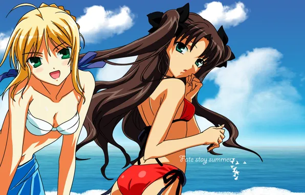 Picture beach, summer, girls, Rin, Tohsaka Rin, the saber, Fate stay night, Fate / Stay Night, …
