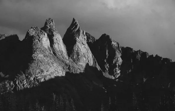 Picture the sky, clouds, trees, mountains, clouds, nature, rocks, black & white, black and white, monochrome
