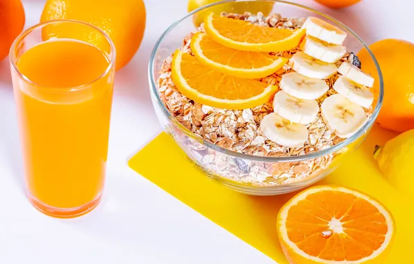 Picture glass, orange, Breakfast, juice, muesli