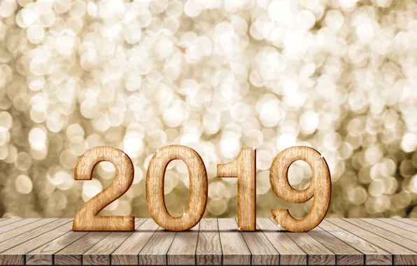 Picture New Year, figures, golden, new year, wood, winter, background, bokeh, bokeh, Happy, 2019
