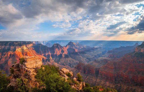 Picture the sky, clouds, rays, nature, rocks, height, The Grand Canyon, Arizona