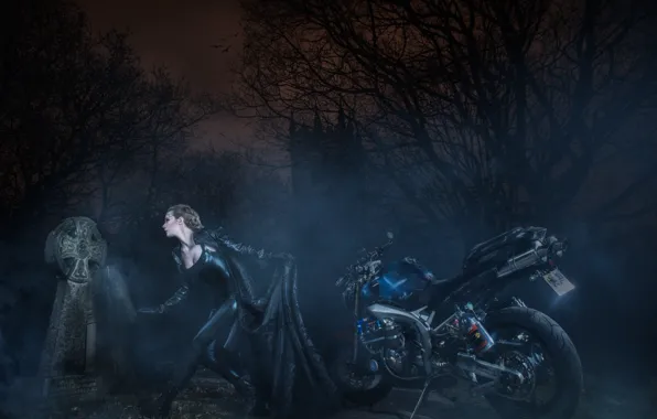 Picture girl, night, motorcycle, photoart