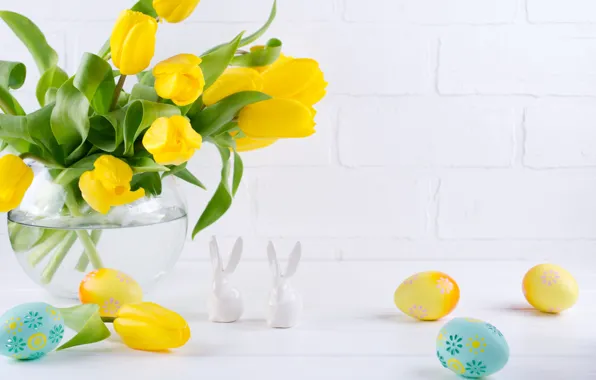Picture flowers, Easter, tulips, vase, figures, egg