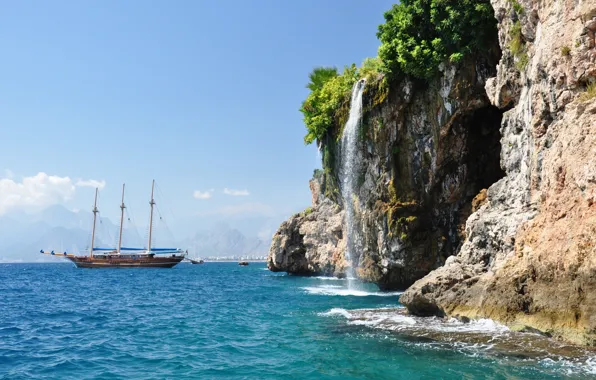 Picture sea, ship, waterfall, Turkey, Antalya