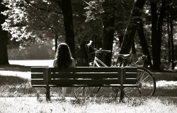Picture grass, girl, the sun, trees, bench, bike, Park, black and white