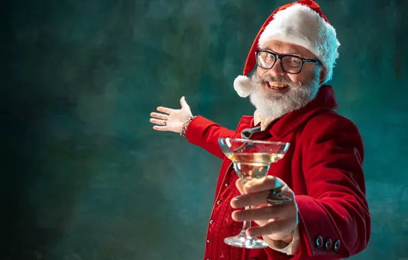 Picture wine, glass, hands, Christmas, New year, Santa Claus, champagne, Santa Claus, gesture, green background