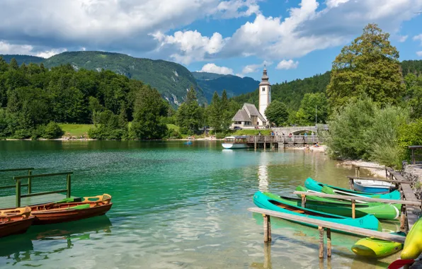 Picture forest, the sky, the sun, clouds, trees, mountains, lake, boats, Church, Slovenia, piers, Lake Bohinj