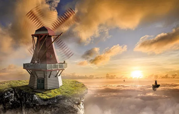 Picture the sky, clouds, sunset, rendering, fiction, surrealism, romance, art, two, the sun's rays, windmills, heavenly …