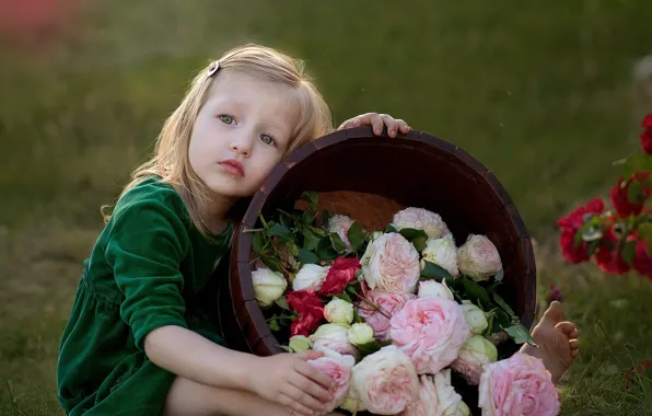 Picture grass, flowers, nature, roses, barefoot, girl, barrel, child, barefoot, Надежда Кураж