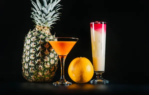 Picture orange, glasses, juice, cocktail, fruit, pineapple, black background