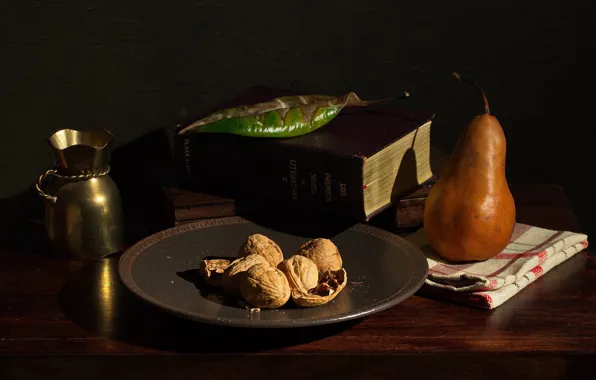 Picture light, style, the dark background, table, leaf, books, food, towel, plate, fruit, pear, pitcher, nuts, …