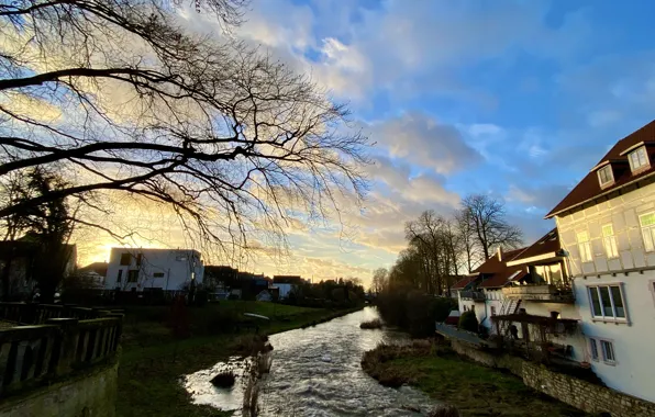 Picture City, Clouds, Sky, River, Trees, Houses, Sun Goes Down, Photography by Tom