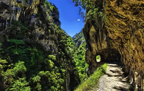 Picture mountains, rocks, trail, the tunnel, Leon, Spain, Asturias, Route of the Cares, The Picos de …