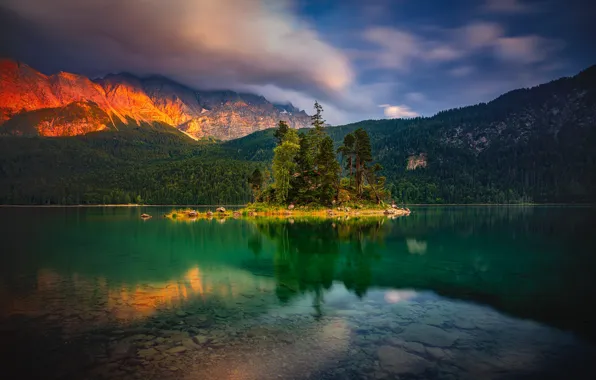 Picture landscape, sunset, mountains, nature, lake, Germany, Bayern, Alps, forest, Lake Eibsee