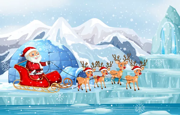 Picture Winter, Mountains, Snow, Smile, Christmas, New year, Ice, Santa Claus, Deer, Sleigh