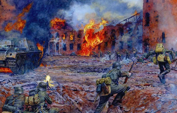 Picture Smoke, Fire, War, House, Fire, Soldiers, Tanks, The Germans, 1942, The Wehrmacht, The great Patriotic …