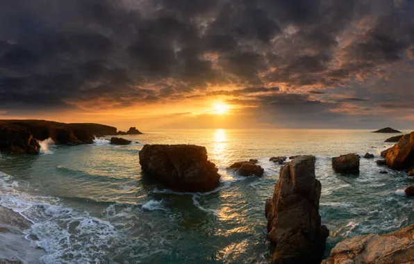 Picture sea, sunset, rocks, coast, France, panorama, France, Brittany, Brittany, The Bay of Biscay, Bay of …