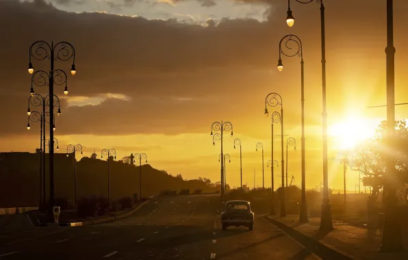 Picture road, car, sunset, lights, The sun, lights, car, road, sunset, sun