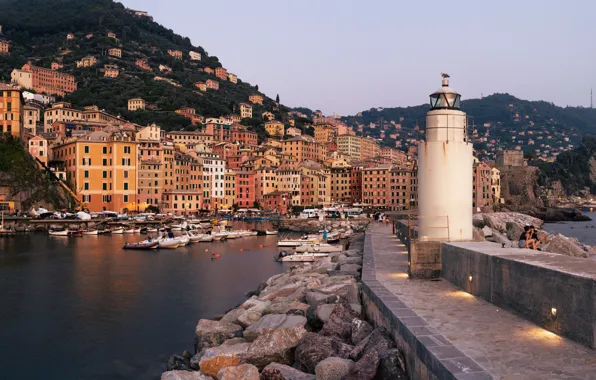 Picture mountains, stones, lighthouse, building, home, Bay, yachts, boats, port, Italy, panorama, boats, The Ligurian sea, …