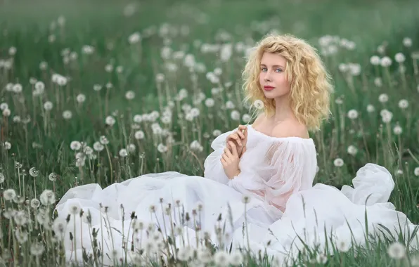 Picture grass, girl, nature, makeup, dress, meadow, blonde, dandelions, shoulders, Irina Golubyatnikova