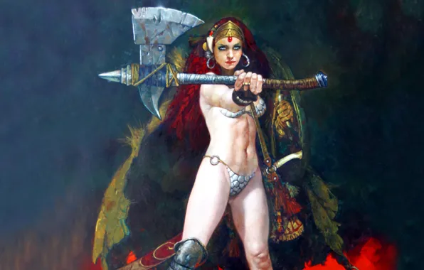 Picture axe, girl, sexy, Red Sonja, red head, girl & sword